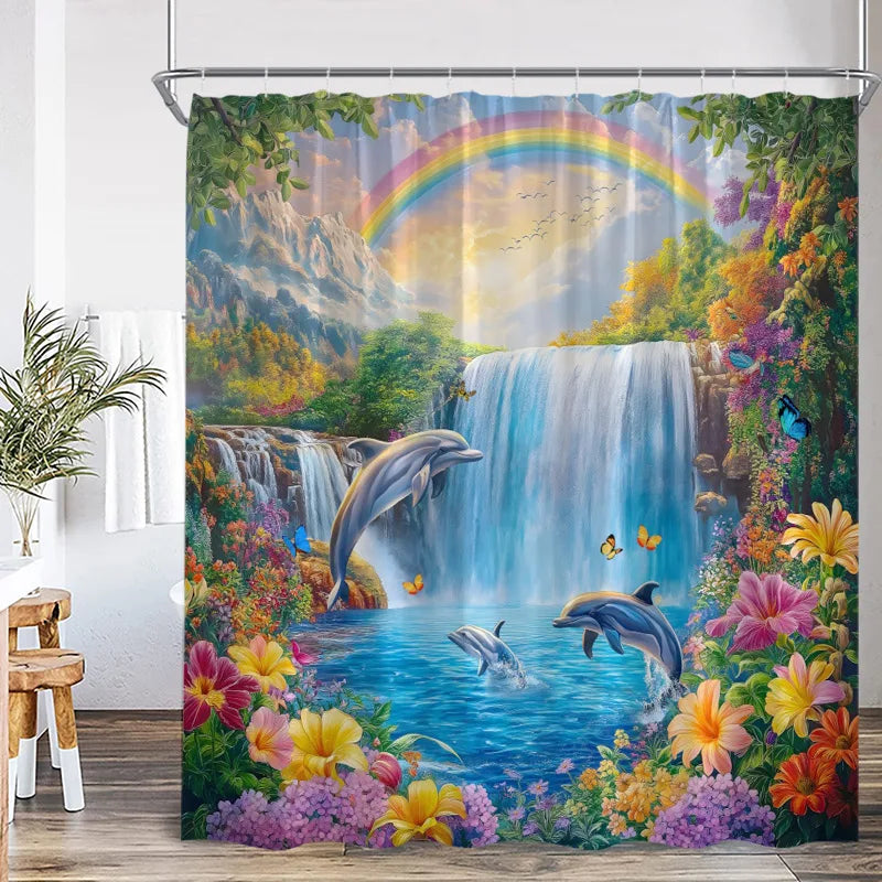 A colorful shower curtain featuring dolphins and sea turtles in a vibrant waterfall landscape.