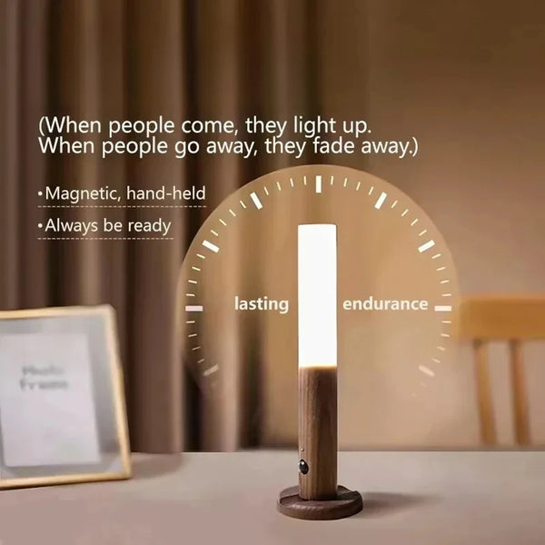 Luz nocturna con sensor de movimiento magnético de madera y LED blanco brillante, exhibida sobre una mesa.