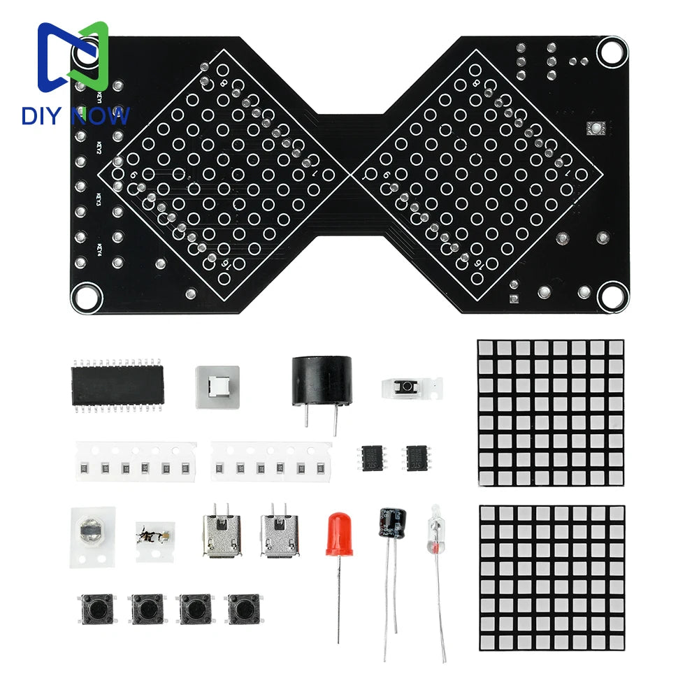 DIY soldering kit for an LED matrix digital hourglass featuring various electronic components and circuit boards