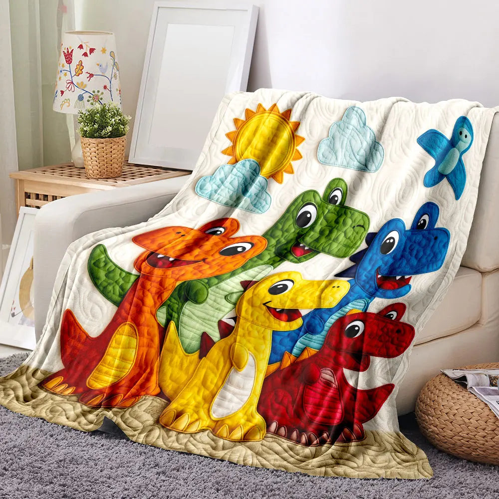 A colorful throw blanket featuring five cartoon dinosaurs and a sunny sky design.