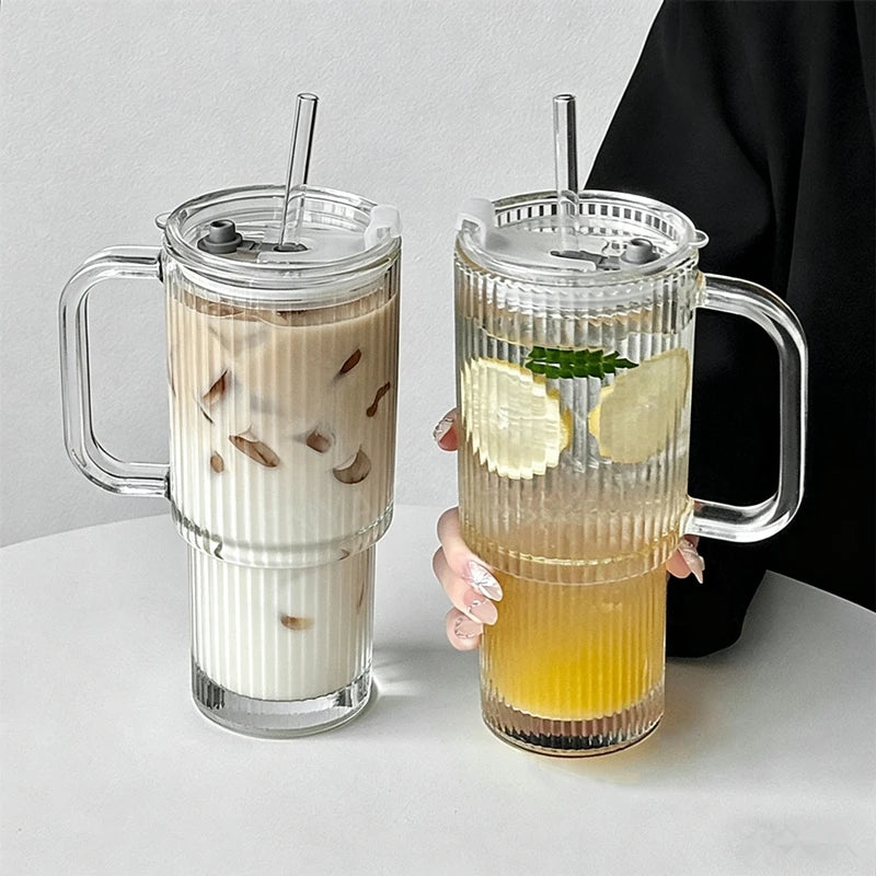 600ml Ribbed Glass Cup with Handle, Lid and Straw – Transparent