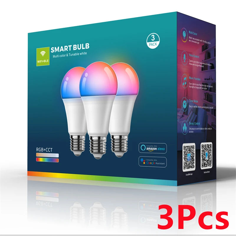 A box showing three smart bulbs with RGB color changing and tunable white light.