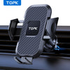 A black TOPK car phone mount with a textured finish, designed to clip onto an air vent for secure placement.