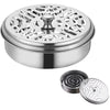 Stainless steel mosquito coil holder with a perforated lid and a separate disc component.