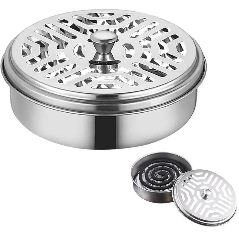 Stainless steel mosquito coil holder with a perforated lid and a separate disc component.