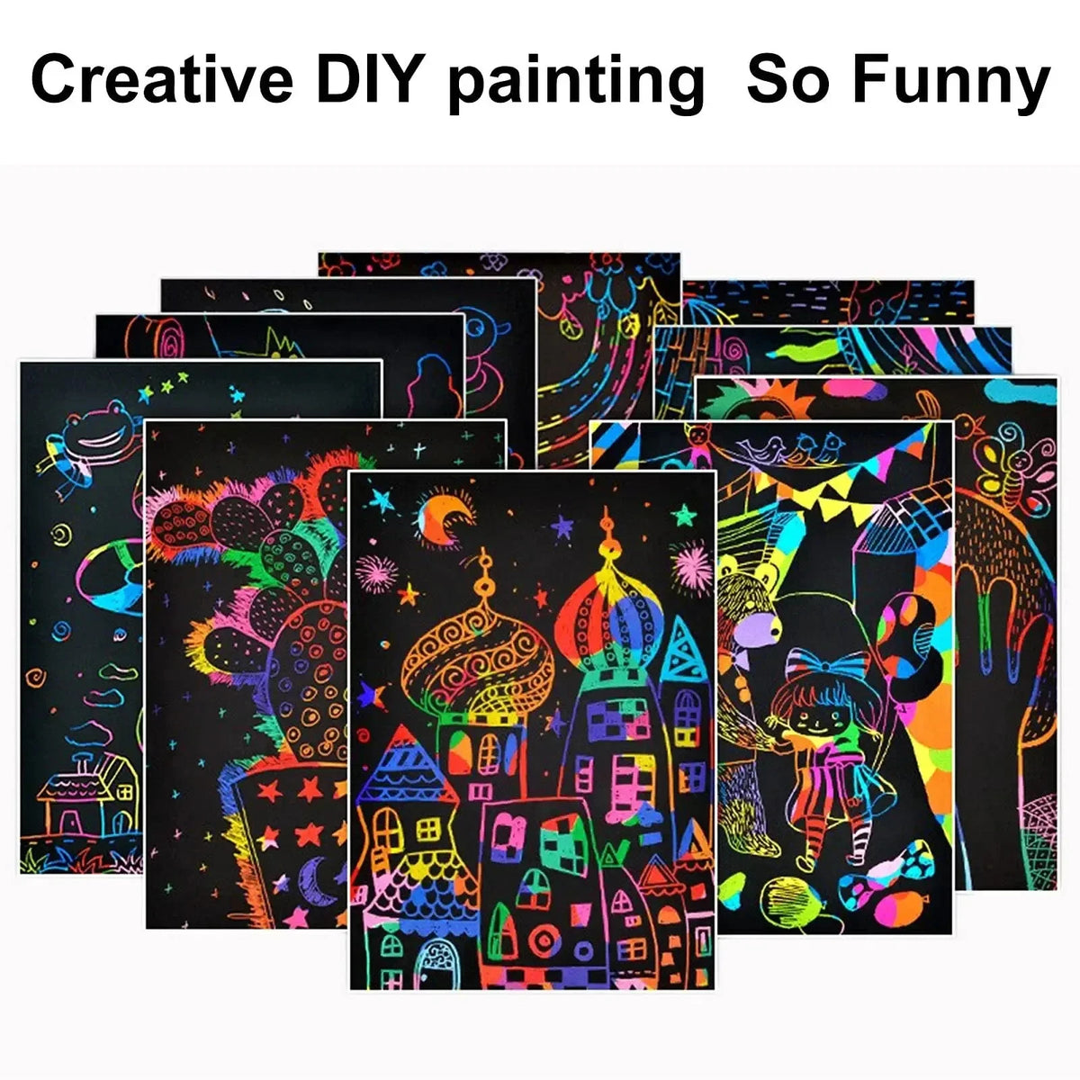 Collection de toiles DIY pour peinture et scratch, avec des designs fantaisistes et des couleurs vibrantes.
