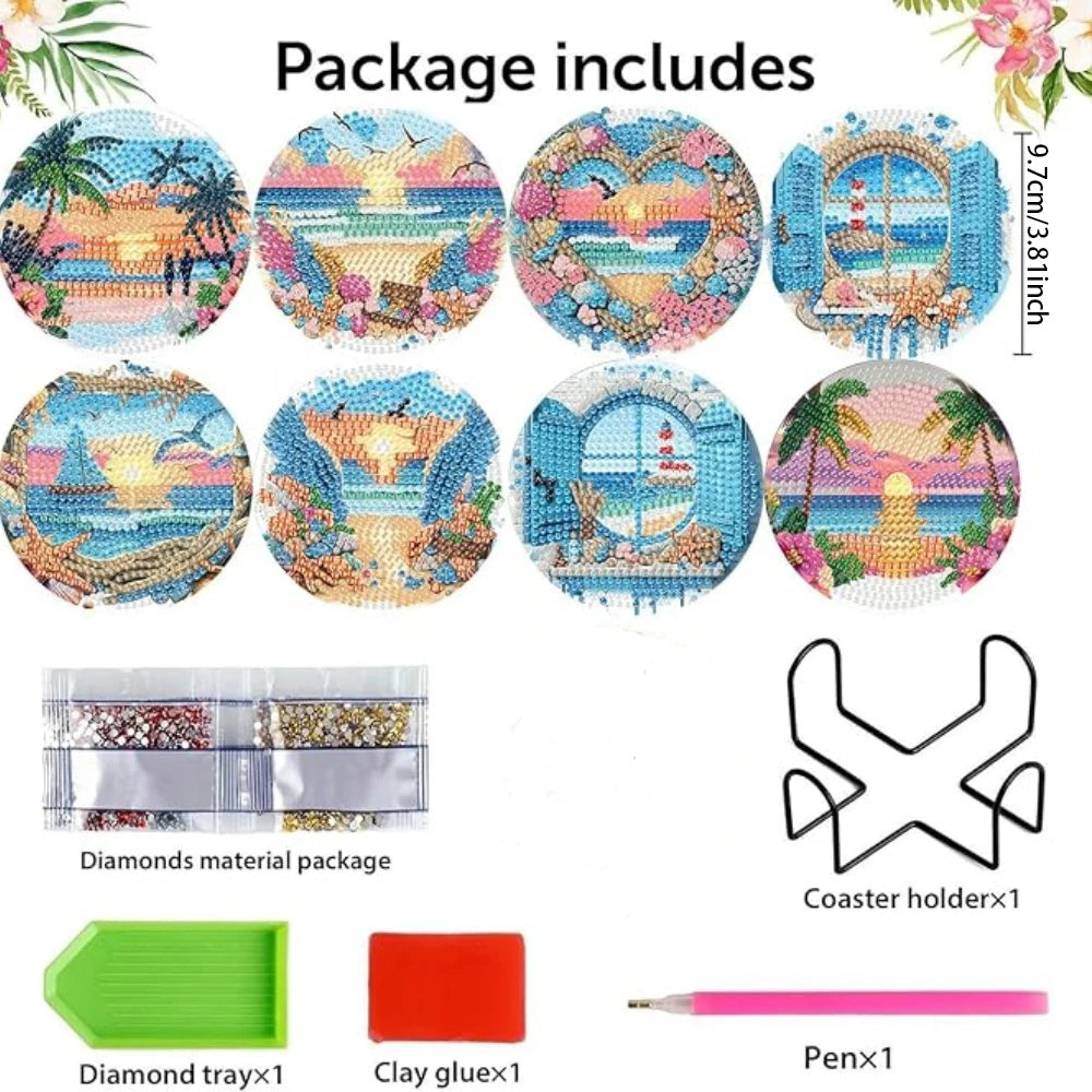 DIY Diamond Art Coaster Set with Holder – 8 Acrylic Coasters for Home Decor and Gifting