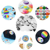 A collection of colorful DIY pin back button kits with paper inserts and various button designs.