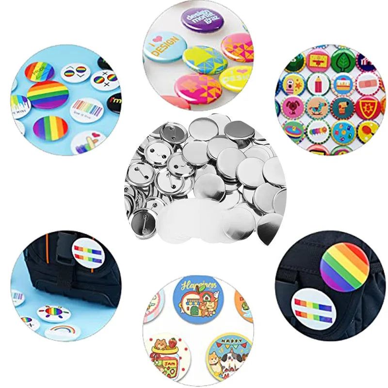 A collection of colorful DIY pin back button kits with paper inserts and various button designs.