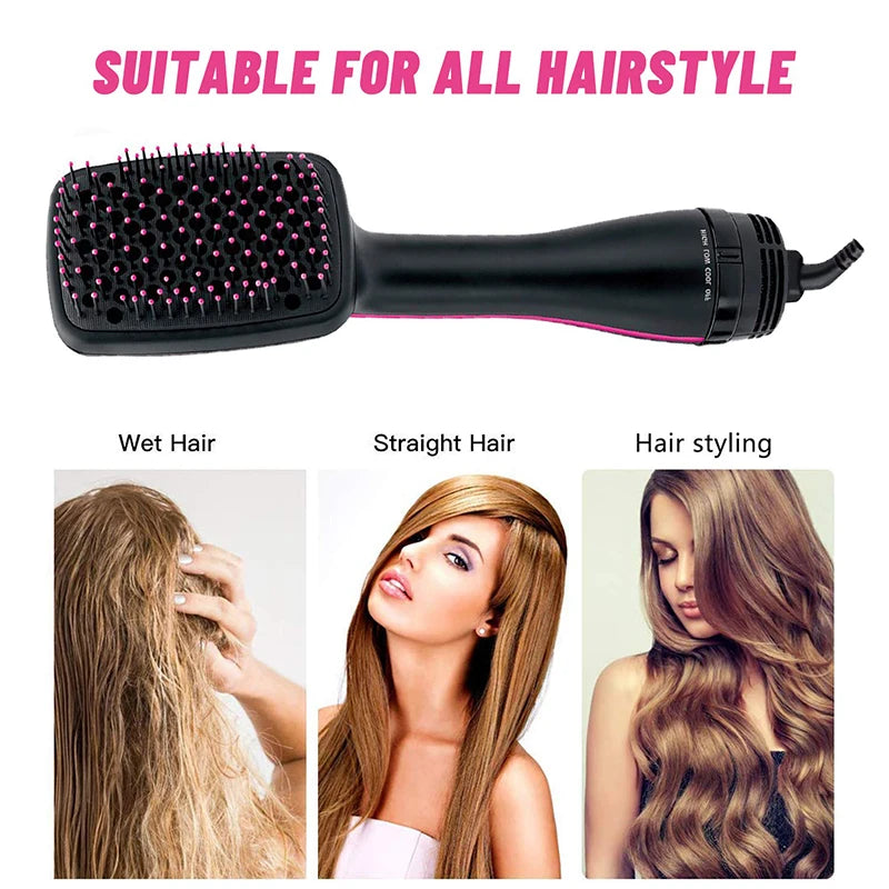 Black hot air brush dryer and styling tool shown next to examples of wet, straight, and styled hair.