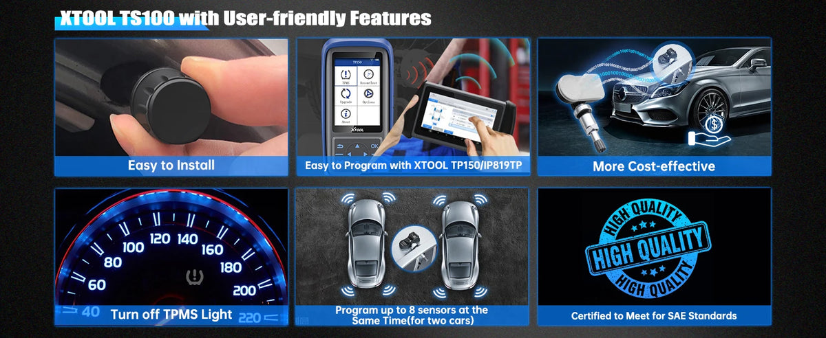 Image showing features of the XTOOL TS100 TPMS device including easy installation, programming, cost-effectiveness, and high 