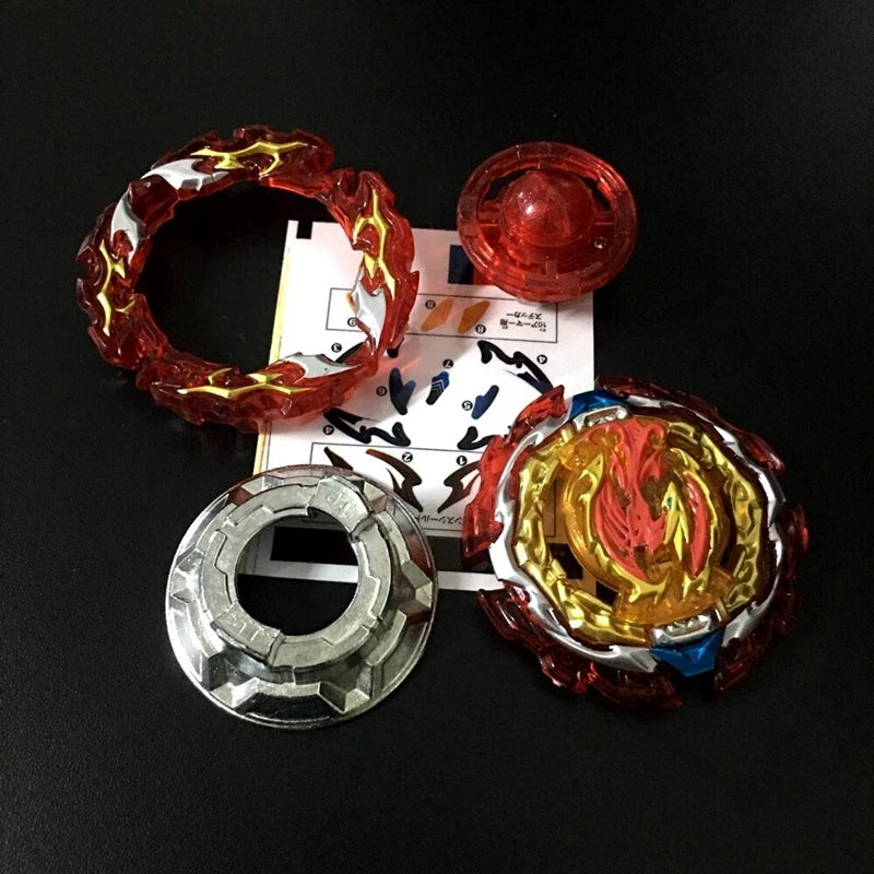 A set of metal battle spinning tops featuring red and gold designs, including a ring, a top, and a disc.