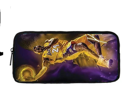 A black zippered pouch featuring a graphic of a basketball player in a yellow and purple uniform.