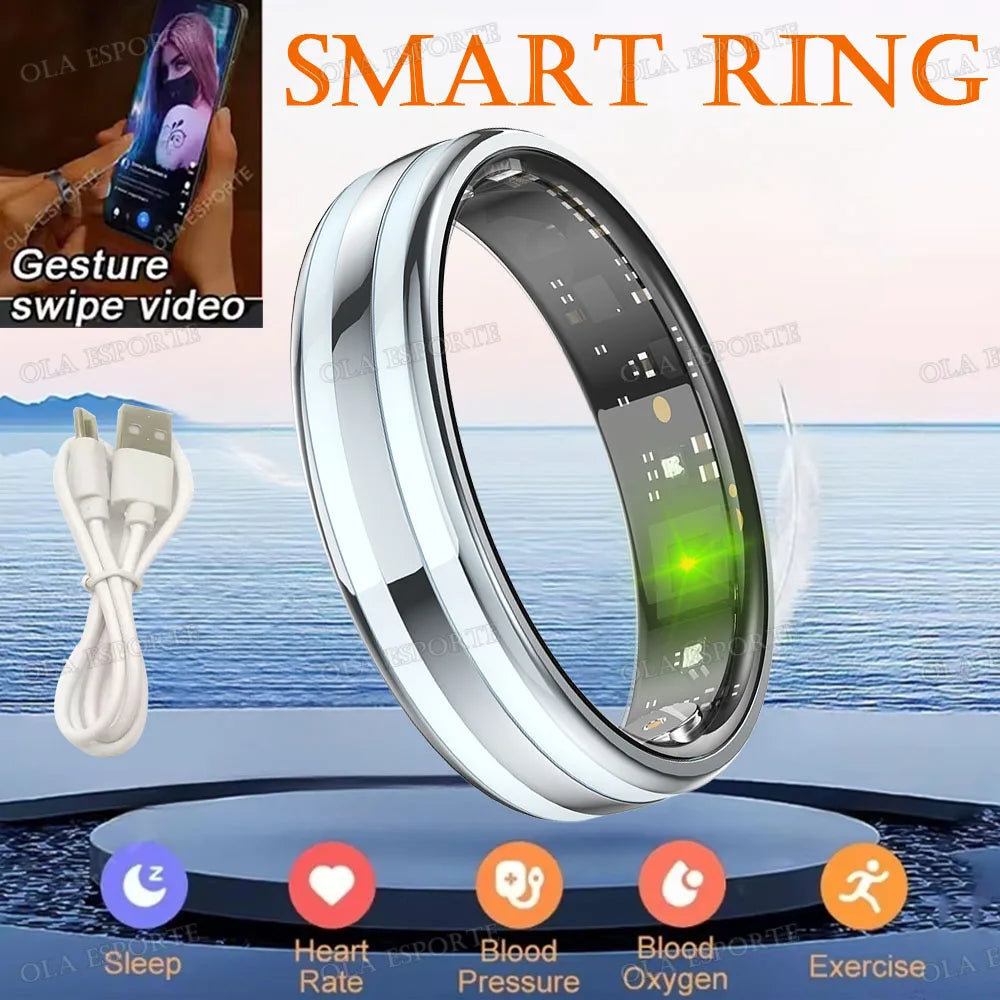 A silver smart ring is shown with various health monitoring features like sleep, heart rate, blood pressure, oxygen, and exer
