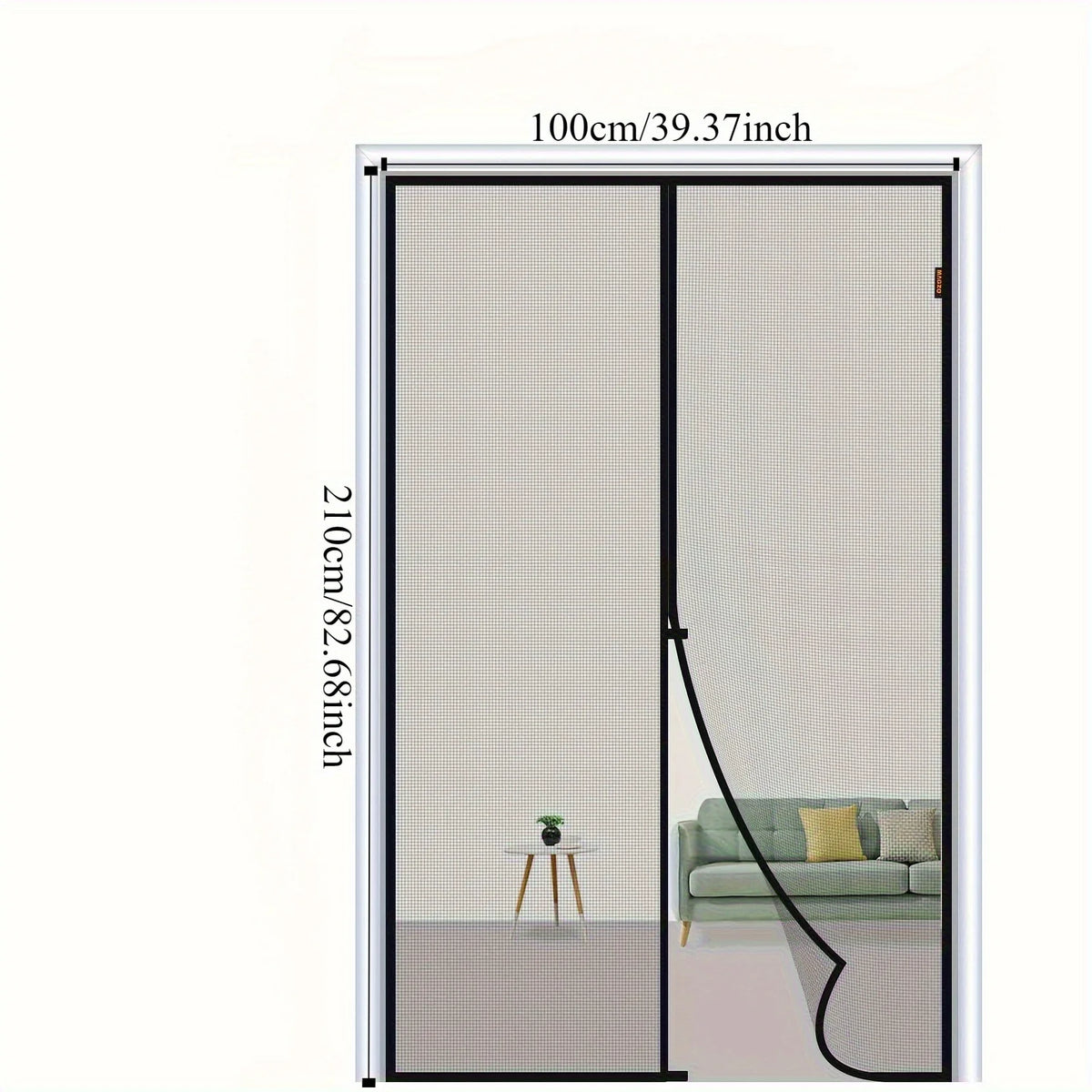 A vertical magnetic screen door with a self-sealing mesh panel shown in a white frame.