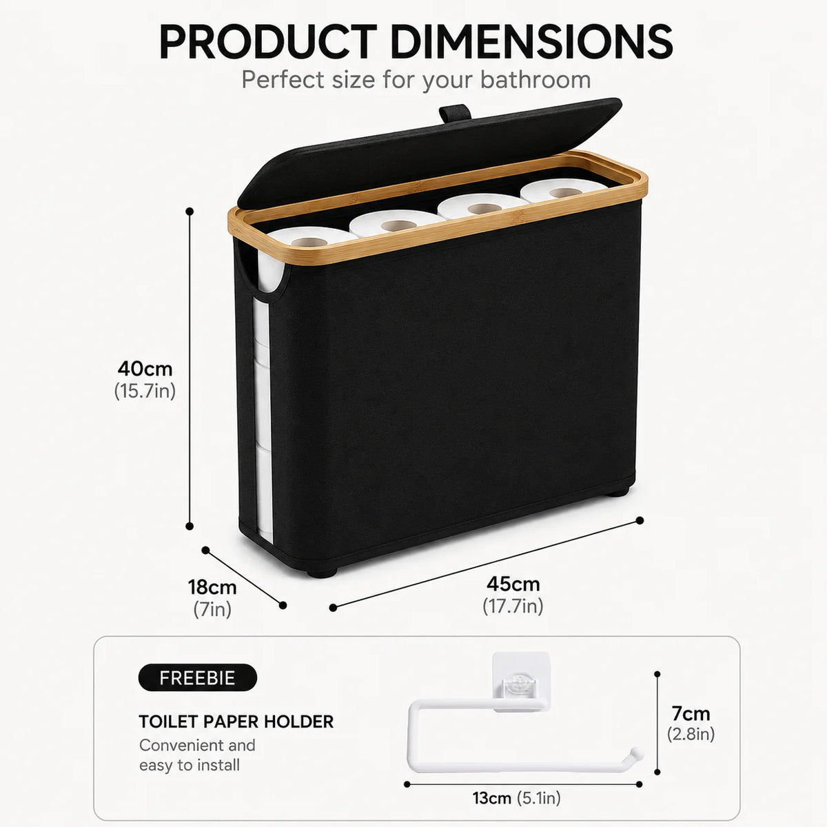Black bamboo-framed toilet paper storage basket with a lid and a holder for toilet paper.