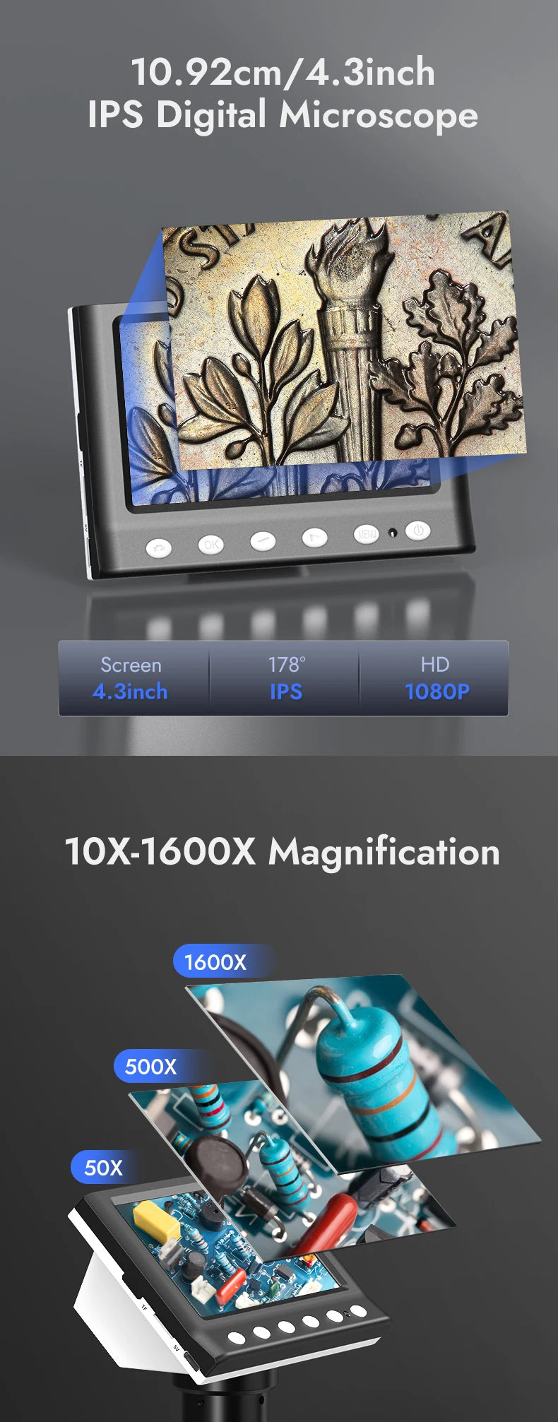 A digital microscope is shown with a magnified view of a plant, displaying 10X-1600X magnification.