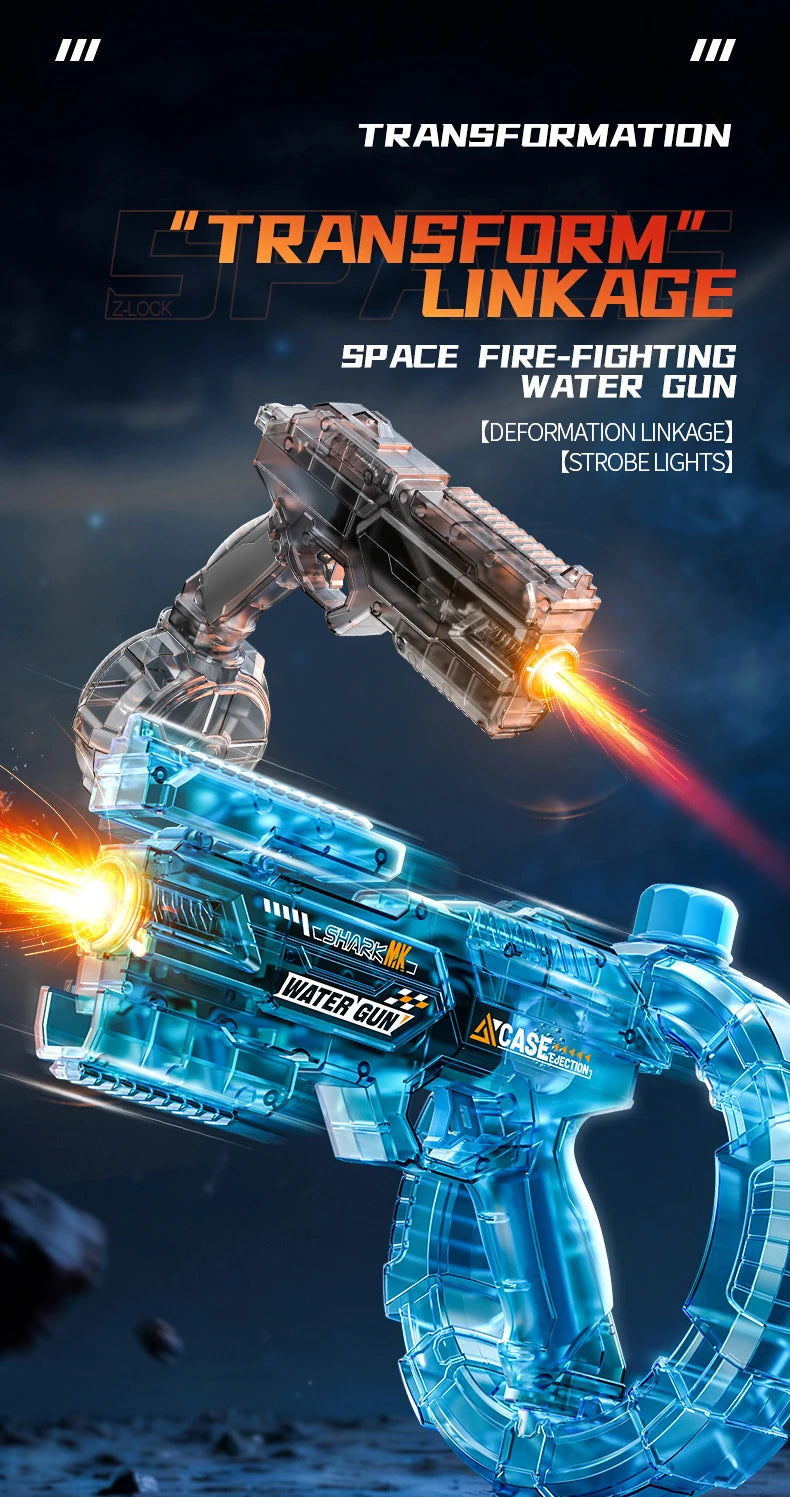 A close-up of a blue LED light-up electric water gun with a large tank, showing deformation linkage and strobe lights.