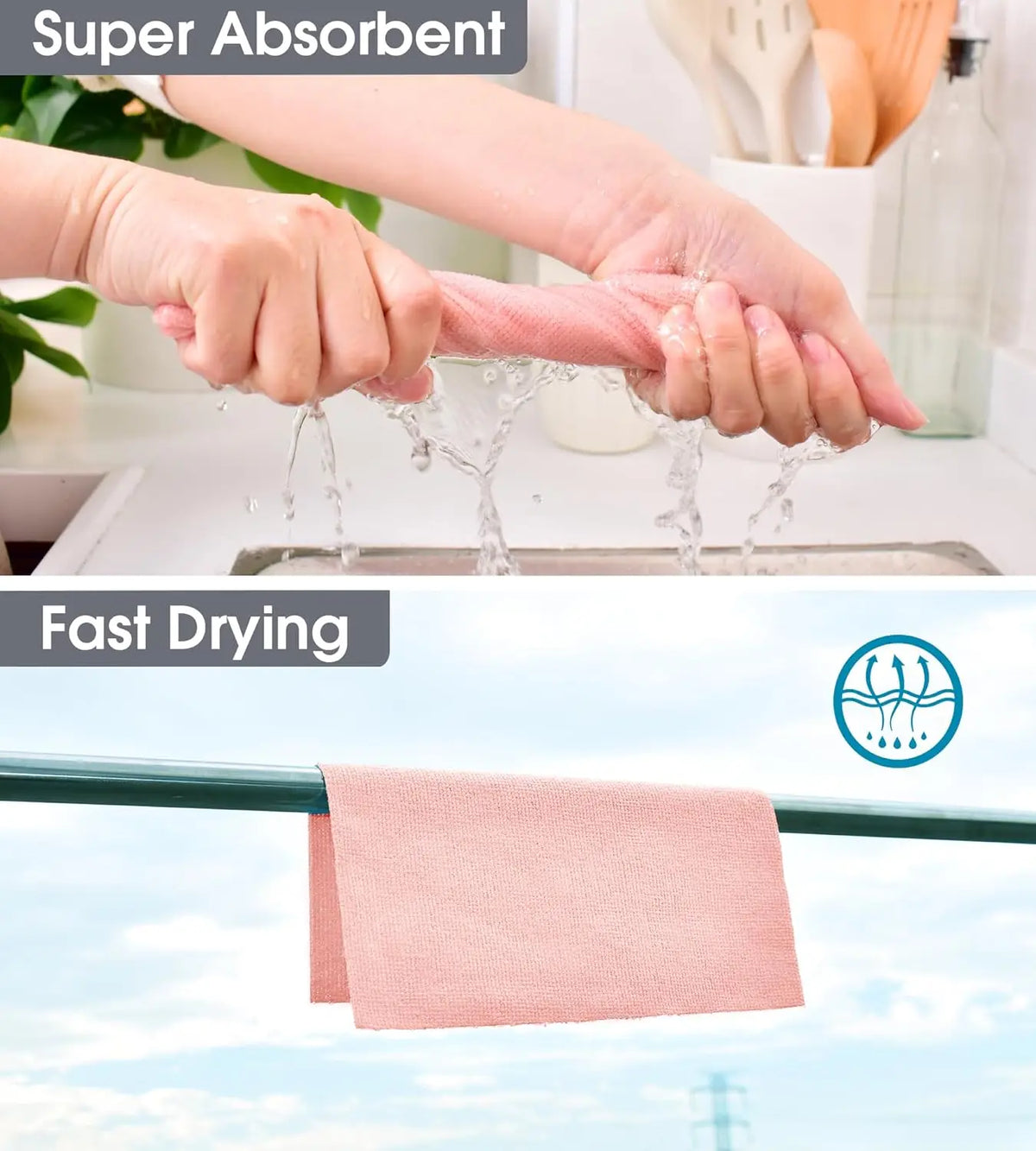 Hands are squeezing a pink reusable microfiber cleaning cloth under running water, demonstrating fast drying.