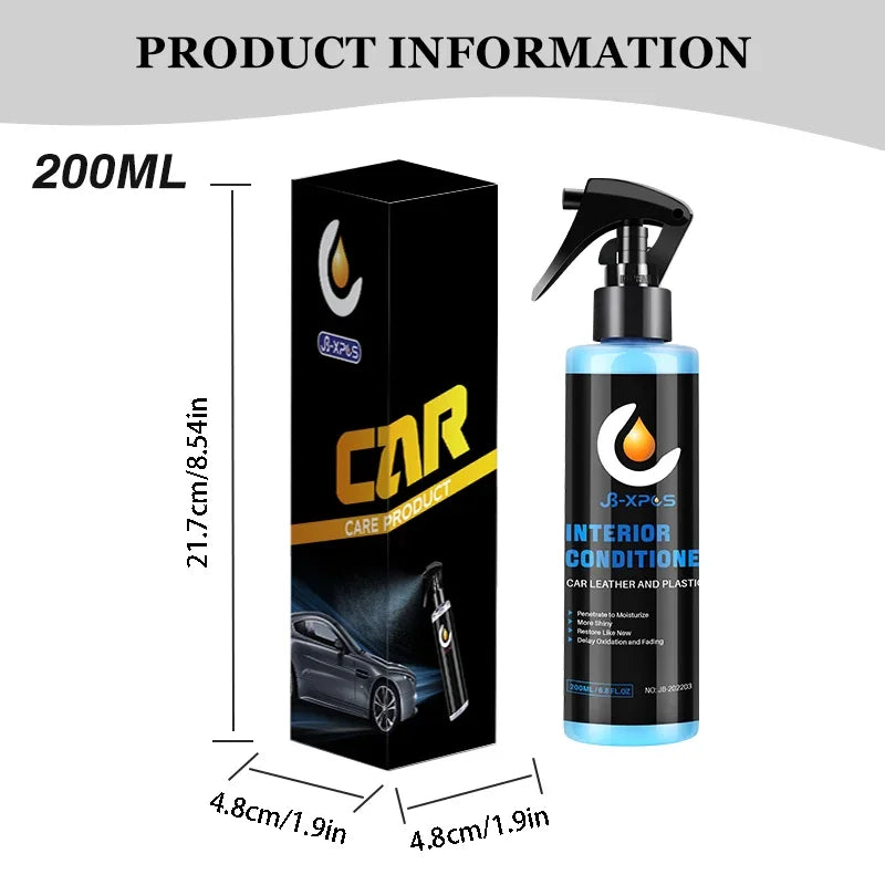 A black bottle of interior conditioner with a black pump dispenser and a black cap, shown next to its packaging.