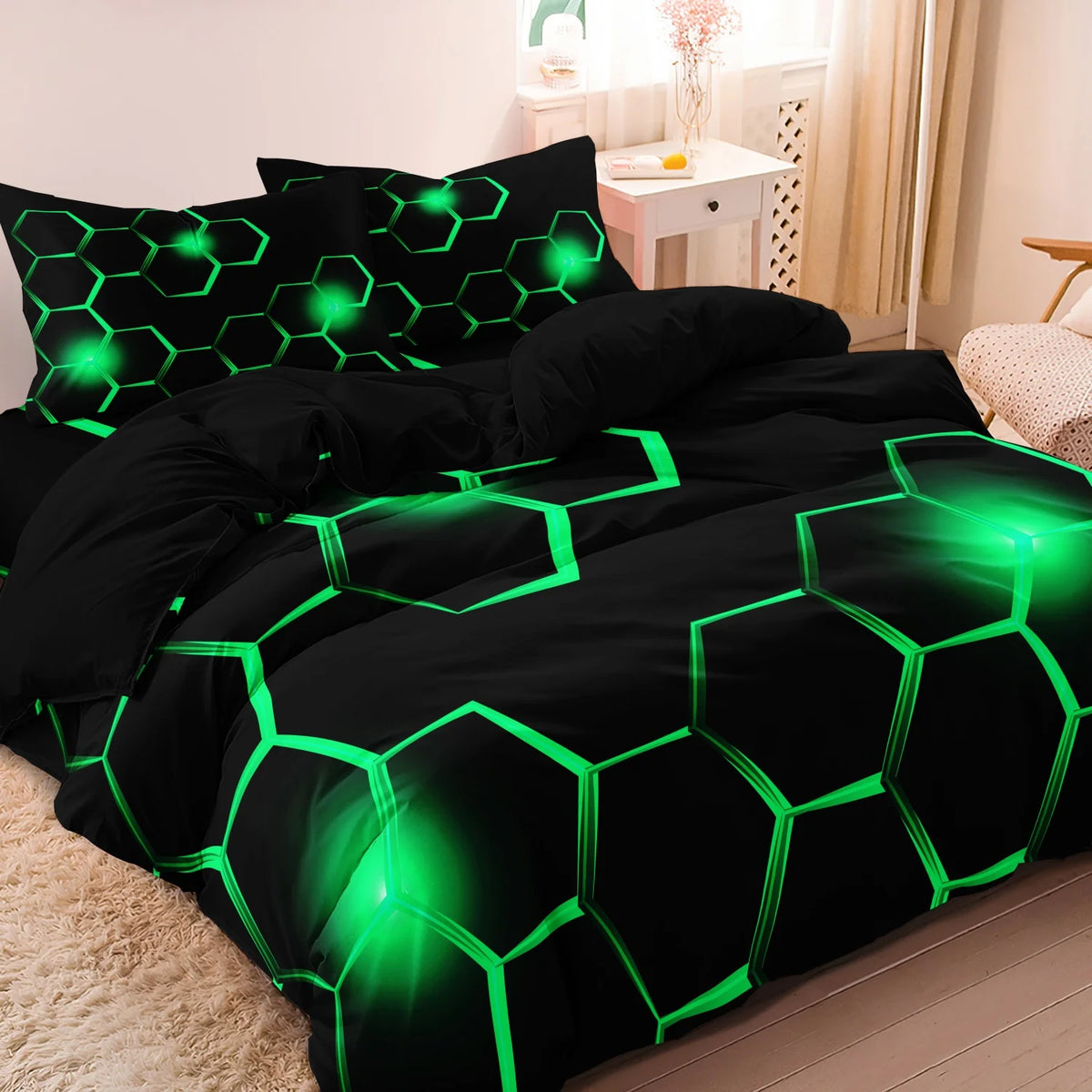 Geometric 3D Hexagonal Honeycomb Duvet Cover Set