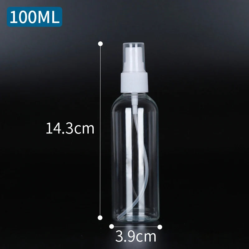 A clear 100ml portable refillable travel spray bottle with a white pump dispenser, shown against a dark background.