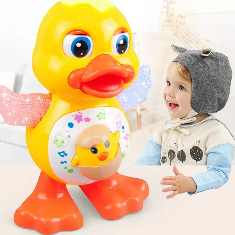 A yellow duck toy is shown next to a child, with the duck having bright eyes and an orange beak.