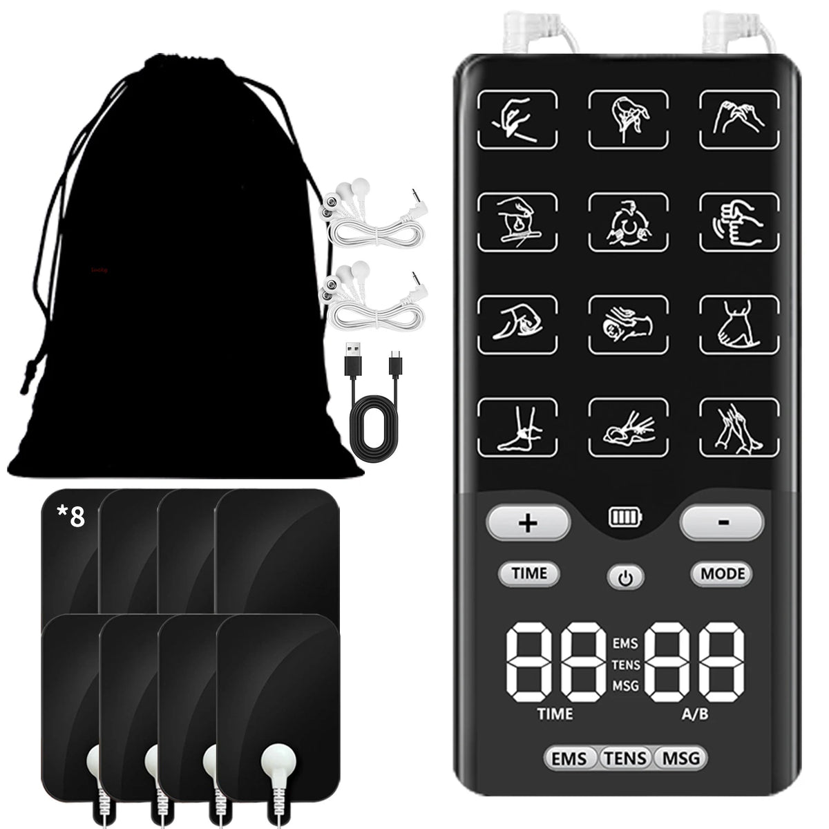 A black portable TENS and EMS muscle stimulator device with multiple electrodes and accessories.