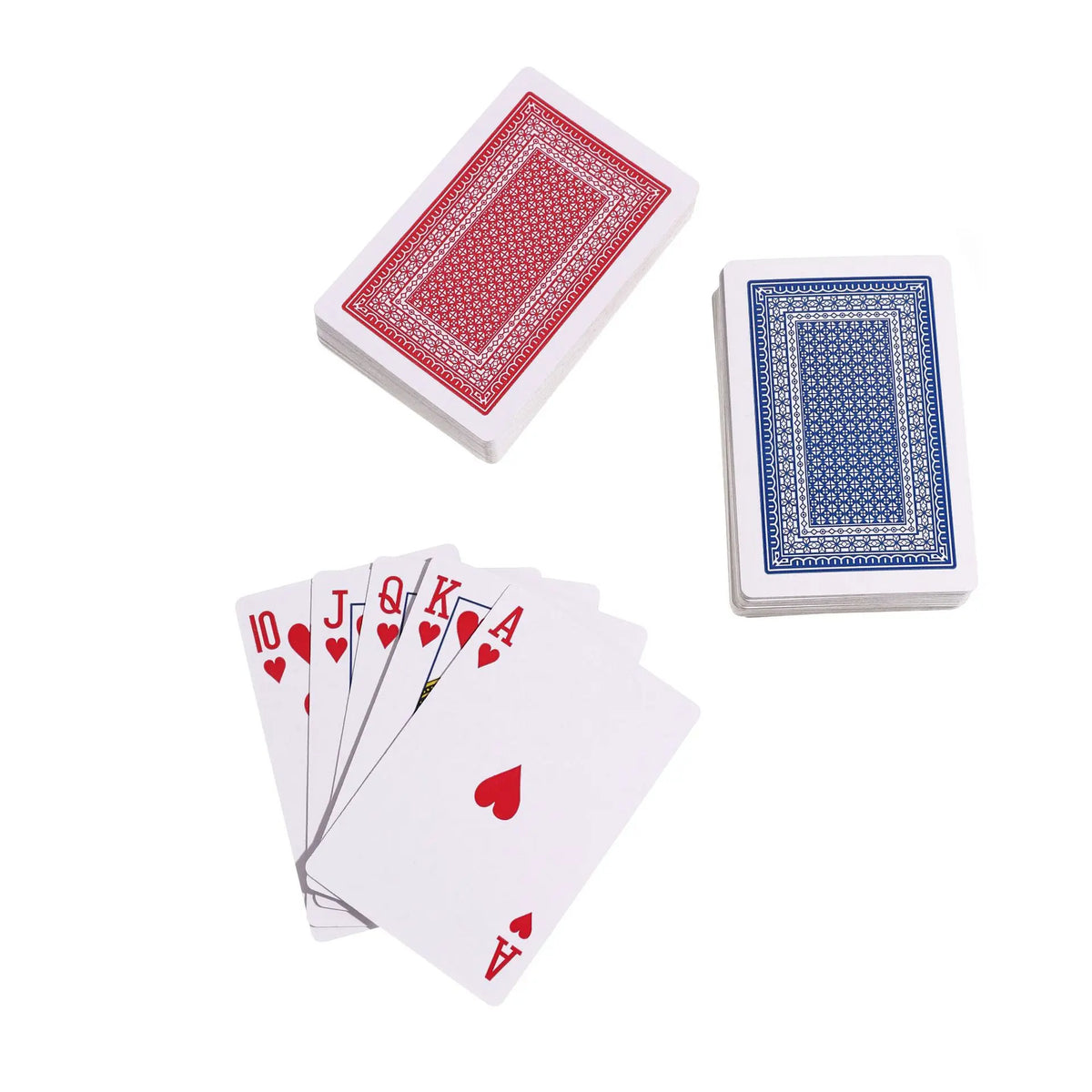 A set of waterproof playing cards featuring red and blue designs, including a standard deck and several face cards.