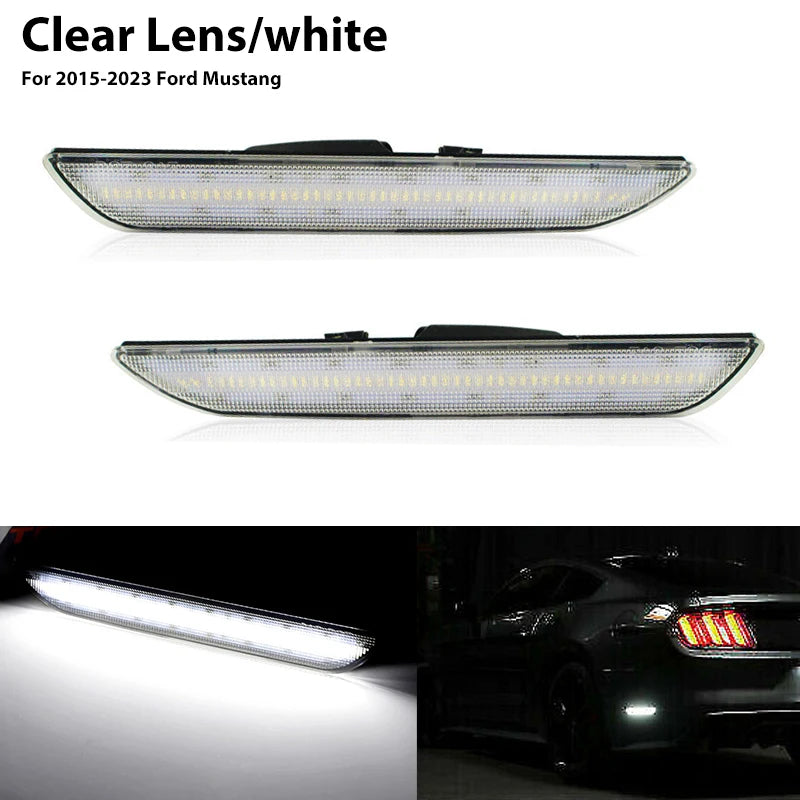 Clear lens white LED rear side marker lights for a 2015-2023 Ford Mustang