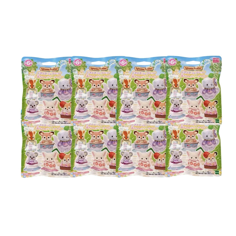 A collection of Sylvanian Families Tea Party Babies blind bag collectible figures in various outfits and poses.