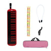 A red 32-key melodica instrument with a pink carrying case and mouthpieces displayed.