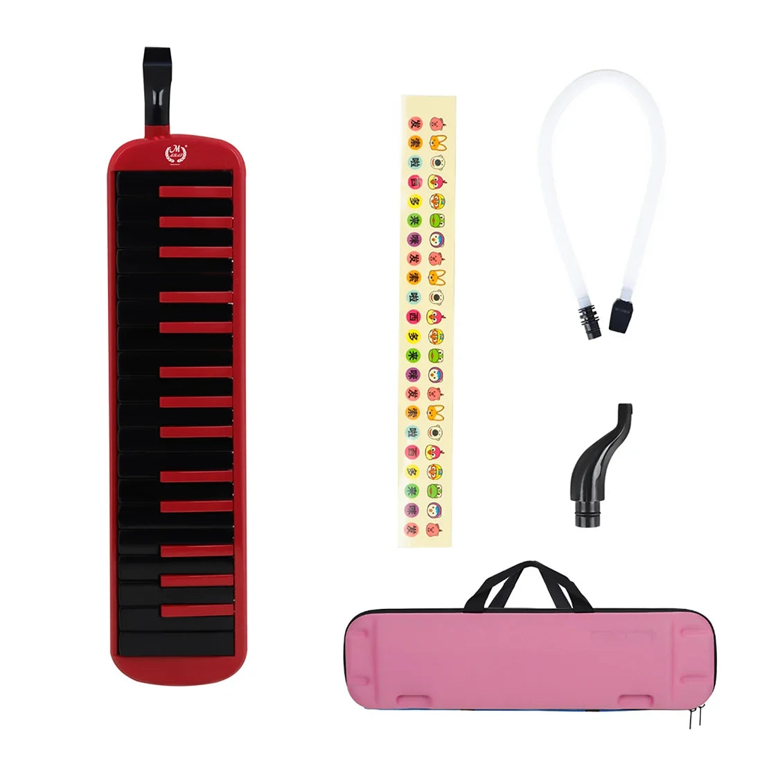 A red 32-key melodica instrument with a pink carrying case and mouthpieces displayed.