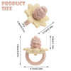 Silicone baby teether toys shaped like flowers and grapes in pink and cream colors.