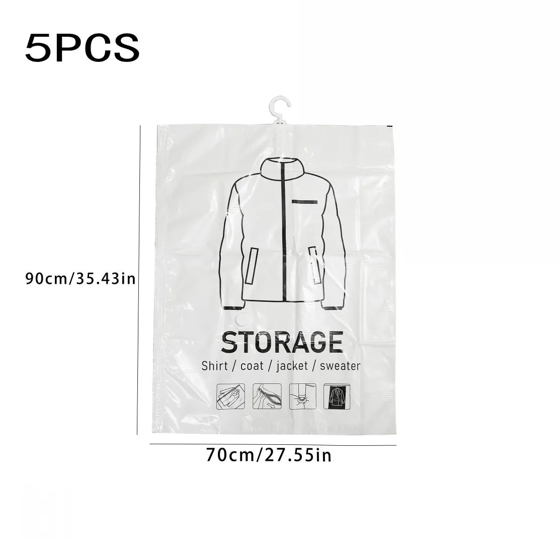 Five pieces of hanging vacuum storage bags for clothes, including a jacket and sweater.