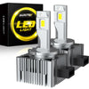 A pair of silver LED headlight bulbs with yellow light visible next to their packaging box.