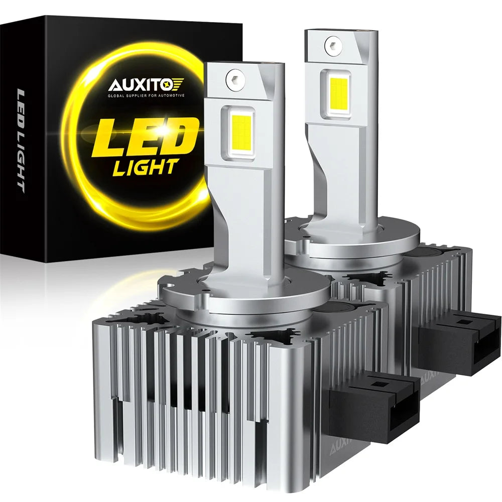A pair of silver LED headlight bulbs with yellow light visible next to their packaging box.