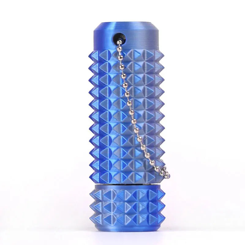 A blue mini spiky fidget keychain with a chain attached, shown against a white background.