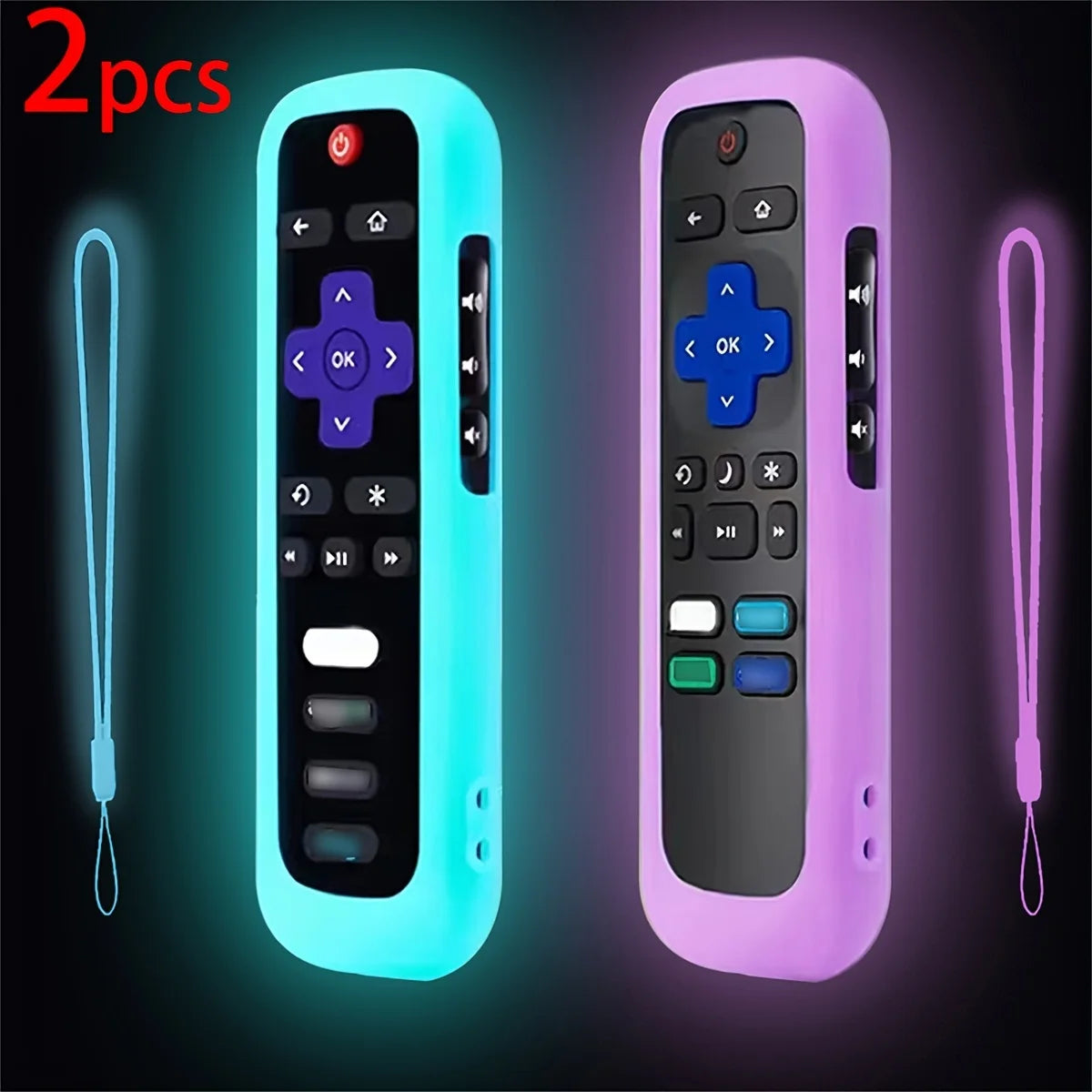 Two glow-in-the-dark silicone TV remote covers in cyan and purple with lanyards.