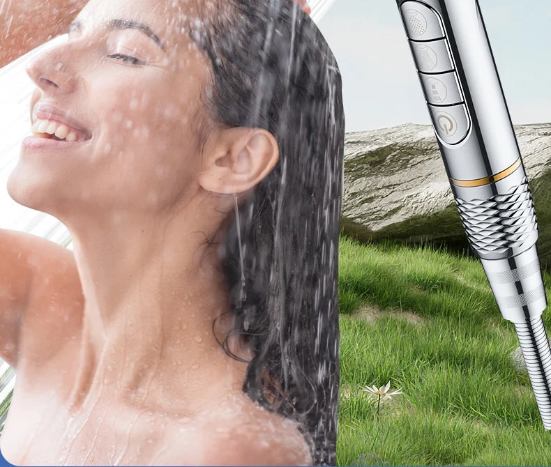 A woman is showering under a high-pressure filtered shower head, with water streaming down her hair and body.