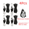 Four sets of metal gear camping rope tighteners with ratchet locks and various sizes
