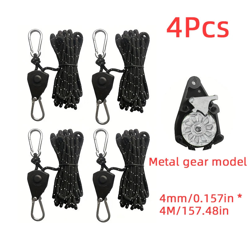 Four sets of metal gear camping rope tighteners with ratchet locks and various sizes