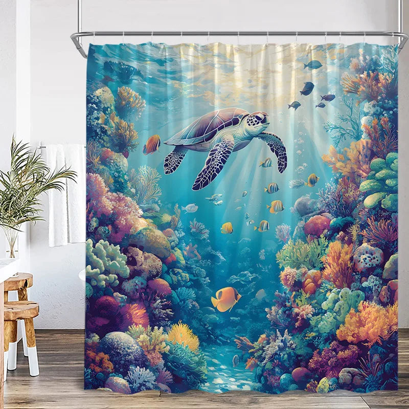 A vibrant tropical underwater scene featuring sea turtles and colorful coral for a shower curtain.