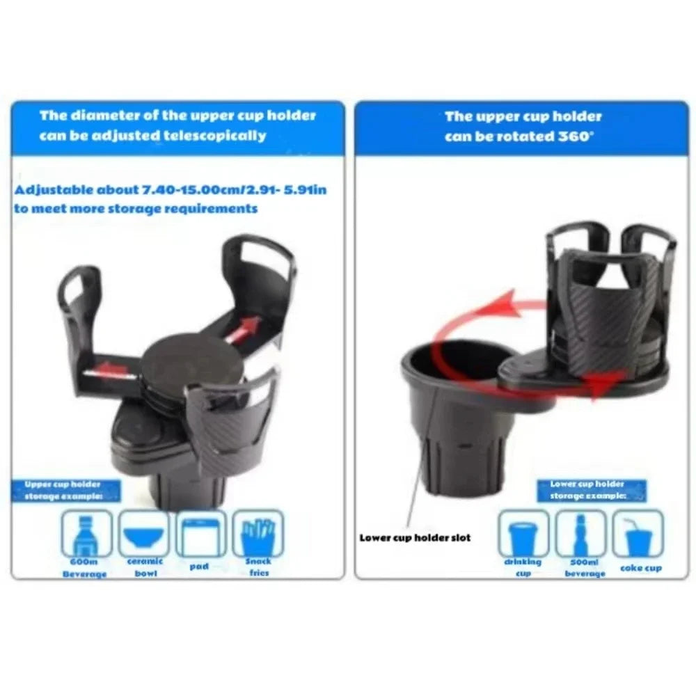 A black adjustable cup holder with an expandable base shown in two views.