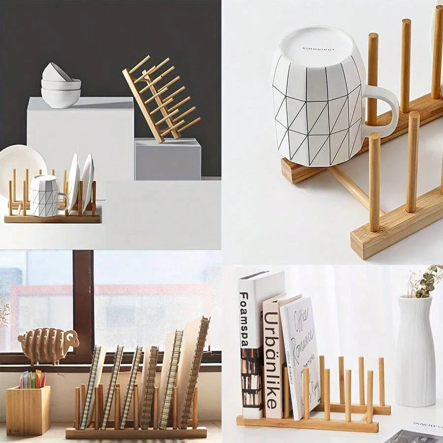 A set of eco-friendly bamboo dish drying racks and white ceramic mugs displayed on a wooden surface.