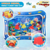 A colorful inflatable baby water play mat featuring various sea creatures and toys for sensory development.