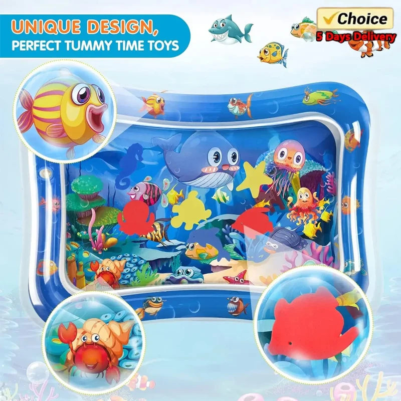 A colorful inflatable baby water play mat featuring various sea creatures and toys for sensory development.