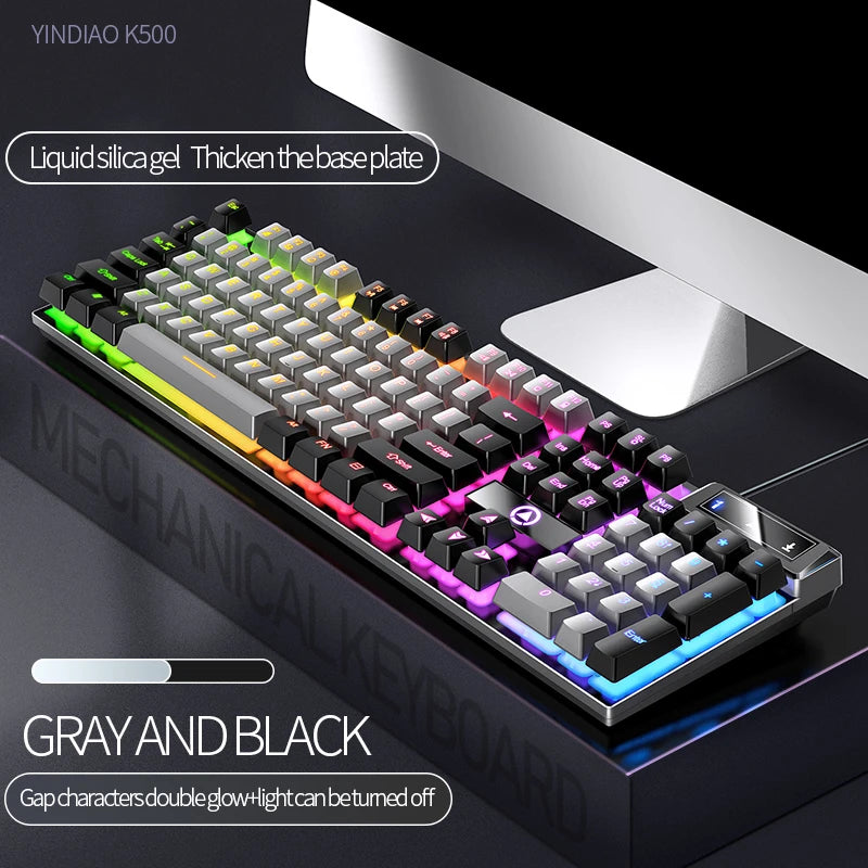 A gray and black mechanical keyboard with a liquid silica gel thickened base plate shown on a dark surface.