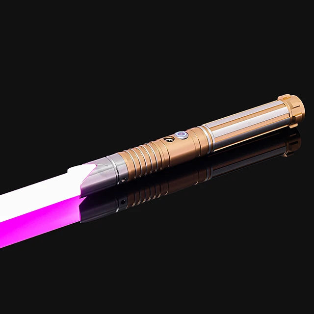 An RGB metal lightsaber with a silver hilt and a pink/purple blade, displayed against a black background.