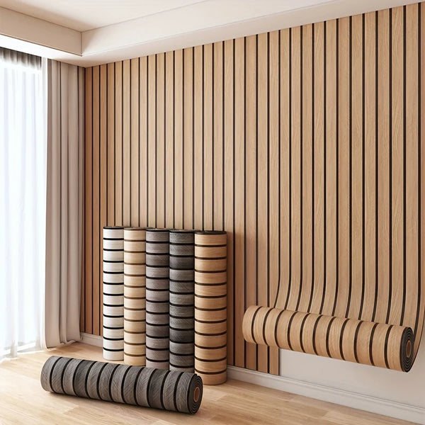 Vertical wood grain peel-and-stick wall tiles installed on a light-colored wall with vertical slats and a wooden floor.